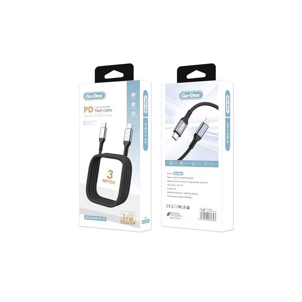 Go-Des GD-UC639 Type-C to Lightning PD Hızlı Şarj Kablosu 27W 3M Siyah