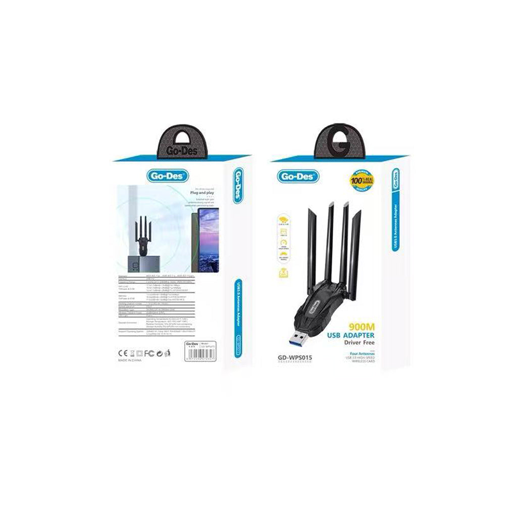 Go-Des GD-WPS015 Wi-Fi USB Adaptörü 900Mbps Siyah