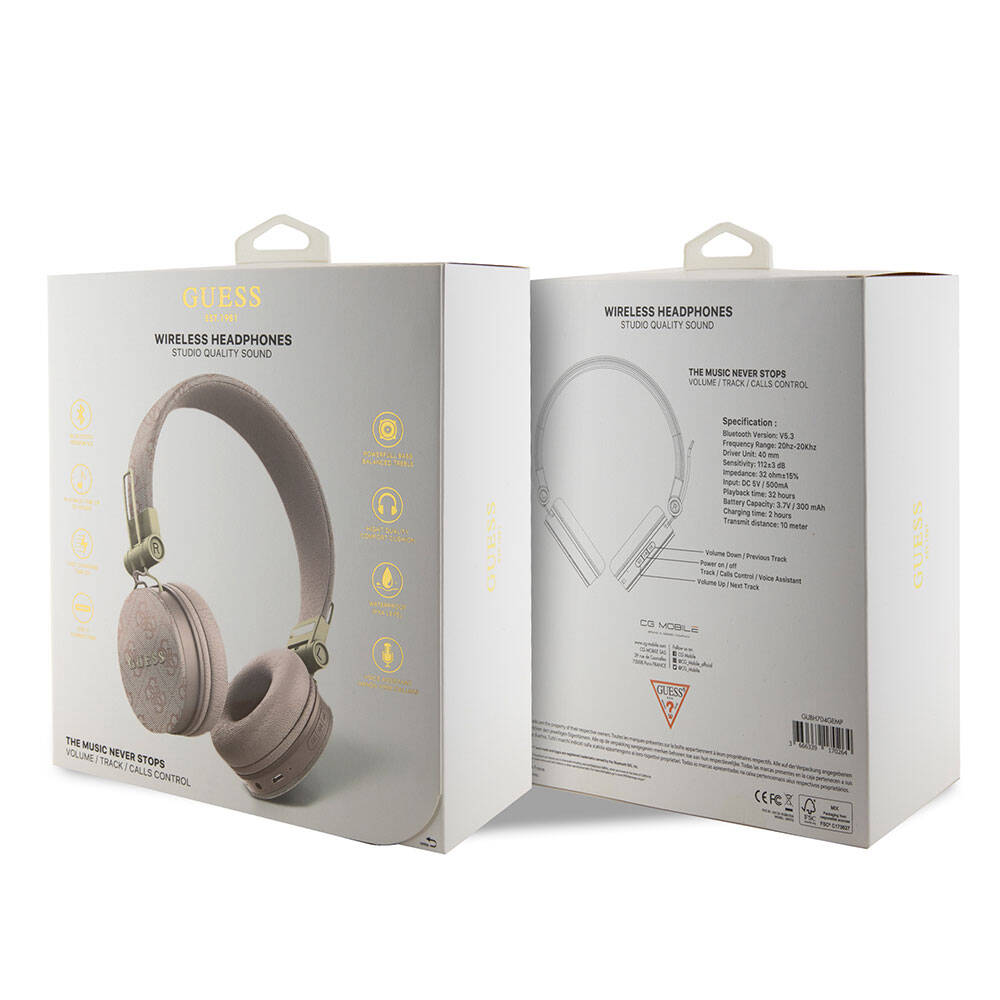Guess Orjinal Lisanslı 4G Metal Logo PU Deri Ayarlanabilir Kulak Üstü Bluetooth Kulaklık Kahverengi
