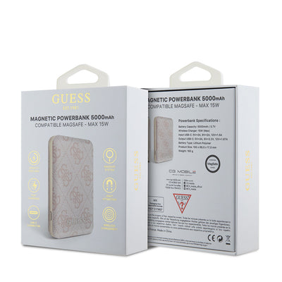 Guess Orjinal Lisanslı Dijital Led Göstergeli PU Deri 4G Desenli Metal Yazı Logolu Powerbank 5000mAh 15W Mavi