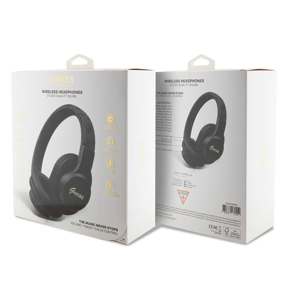 Guess Orjinal Lisanslı PU 4G Desenli Metal Yazı Logolu Tone On Tone Kulak Üstü Bluetooth Kulaklık Siyah