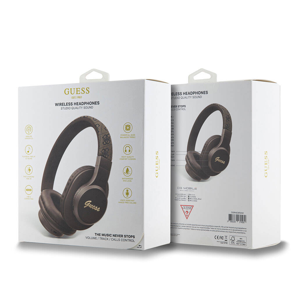 Guess Orjinal Lisanslı PU 4G Desenli Metal Yazı Logolu Tone On Tone Kulak Üstü Bluetooth Kulaklık Kahverengi