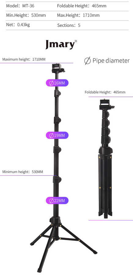 Jmary MT-36 Tripod 171 cm 360 Derece Dönebilen Başlık 4 Kademeli Yükselik Ayarı