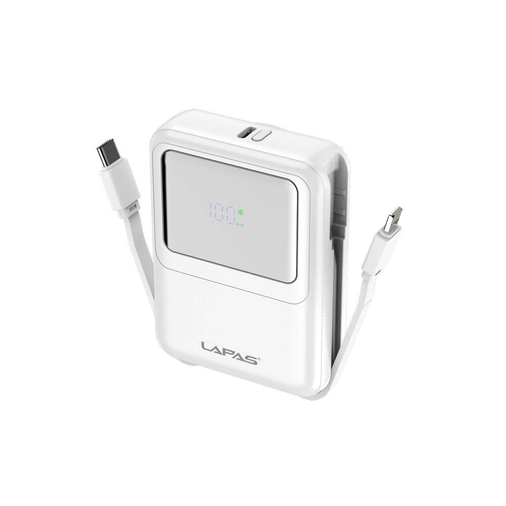 Lapas LP-PW002 Dijital LED Göstergeli Type-C & Lightning Kablosuz Taşınabilir Powerbank 10.000mAh Beyaz