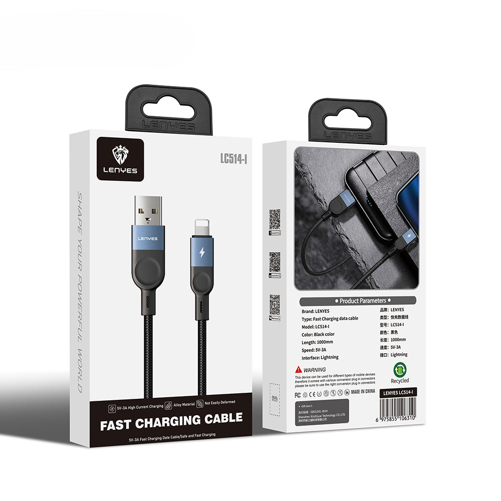 Lenyes LC514 USB-A to Lightning Hızlı Şarj Özellikli Örgülü Data ve Şarj Kablosu 15W 1M Siyah