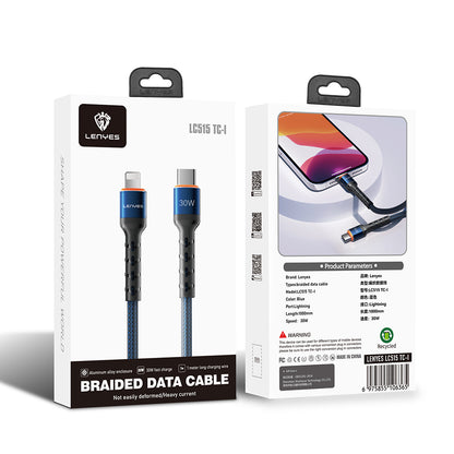 Lenyes LC515 Type-C to Lightning Hızlı Şarj Özellikli Örgülü Data ve Şarj Kablosu 30W 1M
