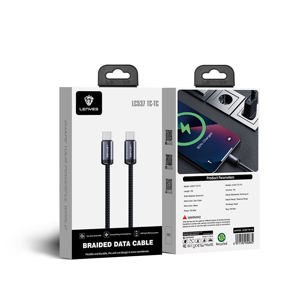 Lenyes LC537 Type-C to Type-C Hızlı Şarj Özellikli Örgülü Data ve Şarj Kablosu 60W 1M