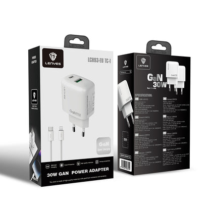 Lenyes LCH93-TC-L Type-C to Lightning GaN Teknolojili PD ve USB Hızlı Şarj Özellikli Şarj Seti 30W
