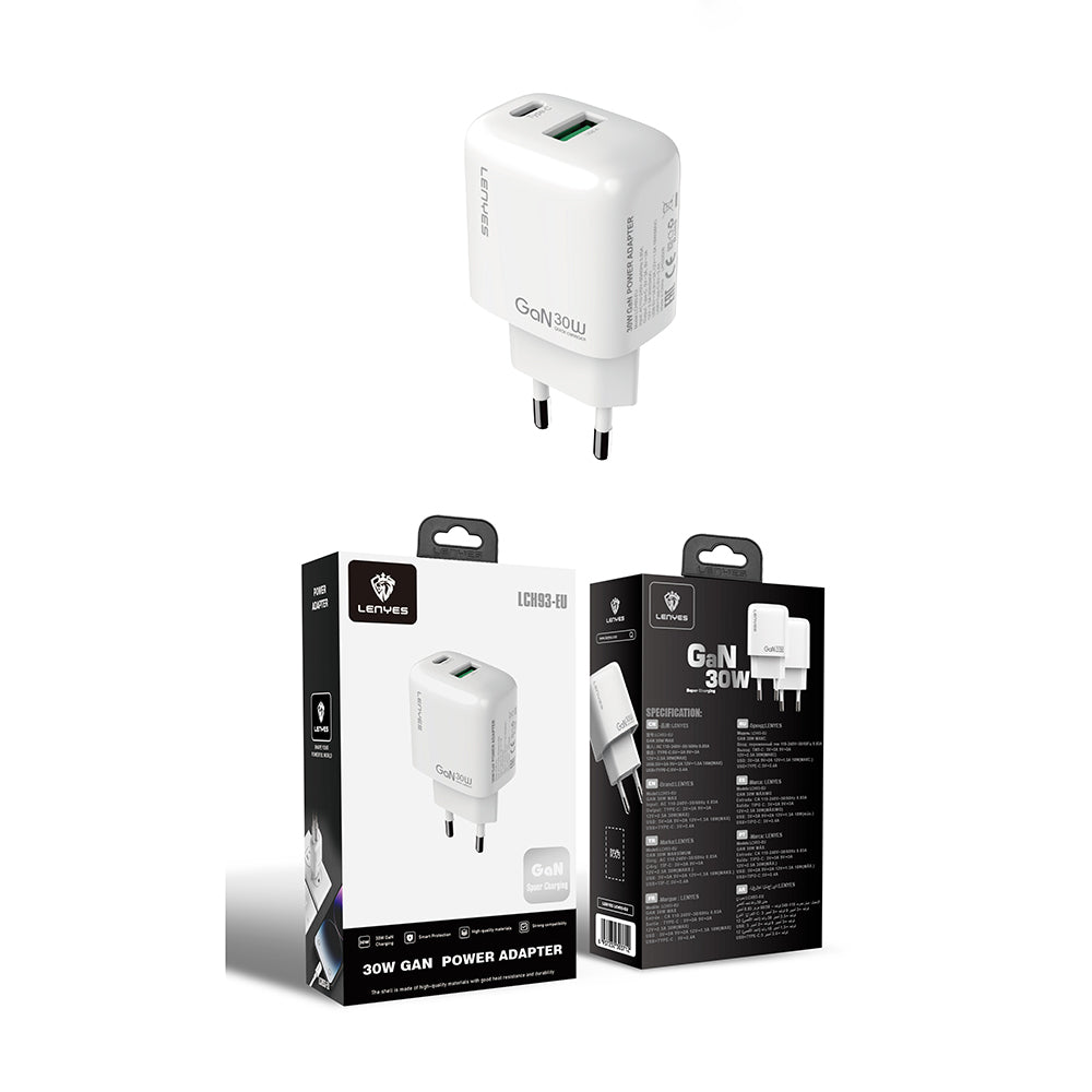 Lenyes LCH93 Type-C ve USB GaN Teknolojili PD Hızlı Şarj Özellikli Şarj Başlığı 30W