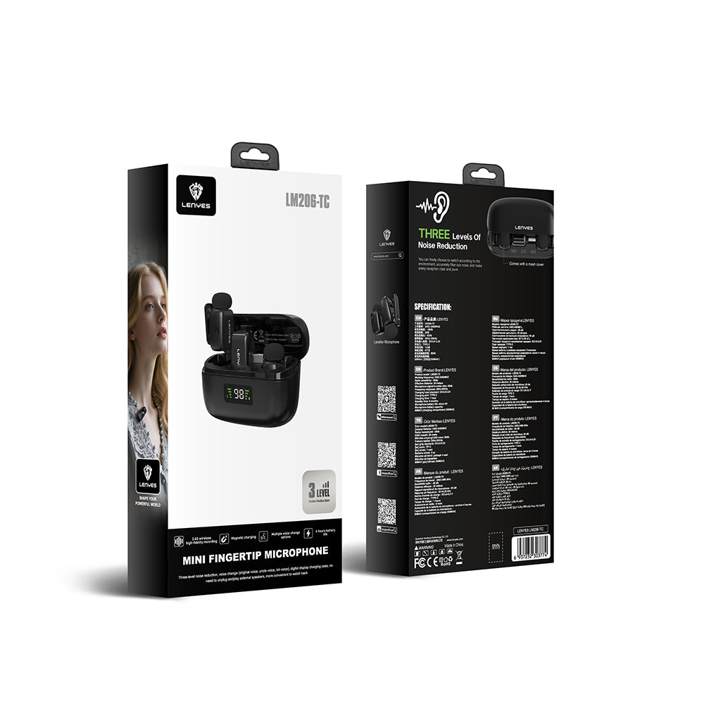 Lenyes LM206 Dijital LED Göstergeli Type-C Portlu Kablosuz Yaka Mikrofonu