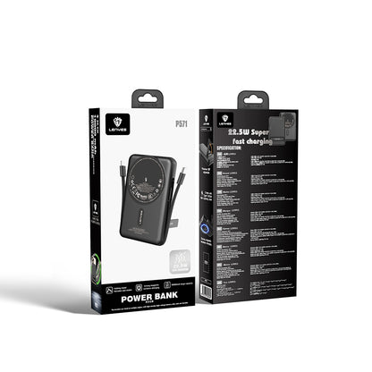 Lenyes P571 PD 22.5W Standlı M-safe Şarj Özellikli Type-C ve Lightning Kablolu Powerbank 15W 10000mAh