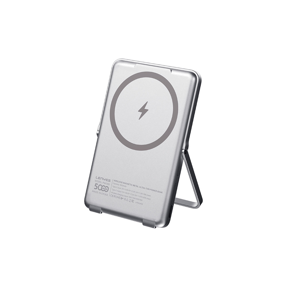 Lenyes PW038D 20W Ultra İnce Standlı Wireless Powerbank 15W 5000mAh Gümüş