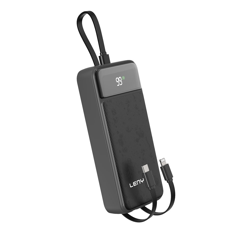 Lenyes PX255D Dijital LED Ekranlı Type-C ve Lightning Kablolu Powerbank 22.5W 20.000mAh Siyah