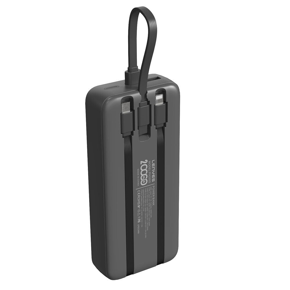 Lenyes PX255D Dijital LED Ekranlı Type-C ve Lightning Kablolu Powerbank 22.5W 20.000mAh Siyah