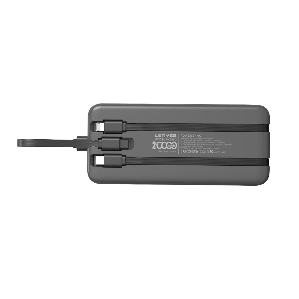 Lenyes PX255D Dijital LED Ekranlı Type-C ve Lightning Kablolu Powerbank 22.5W 20.000mAh Siyah