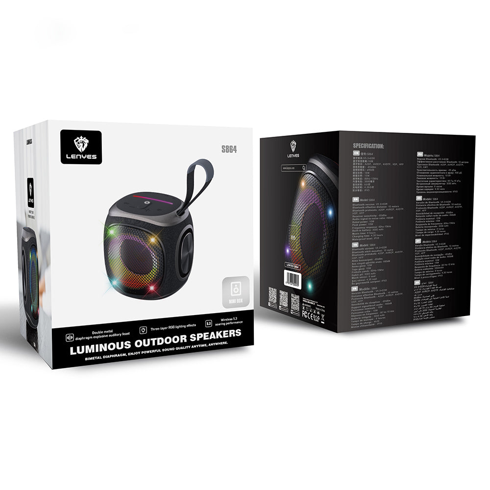 Lenyes S864 RGB Işıklı Taşınabilir TWS Bluetooth Speaker Hoparlör v5.3 Siyah