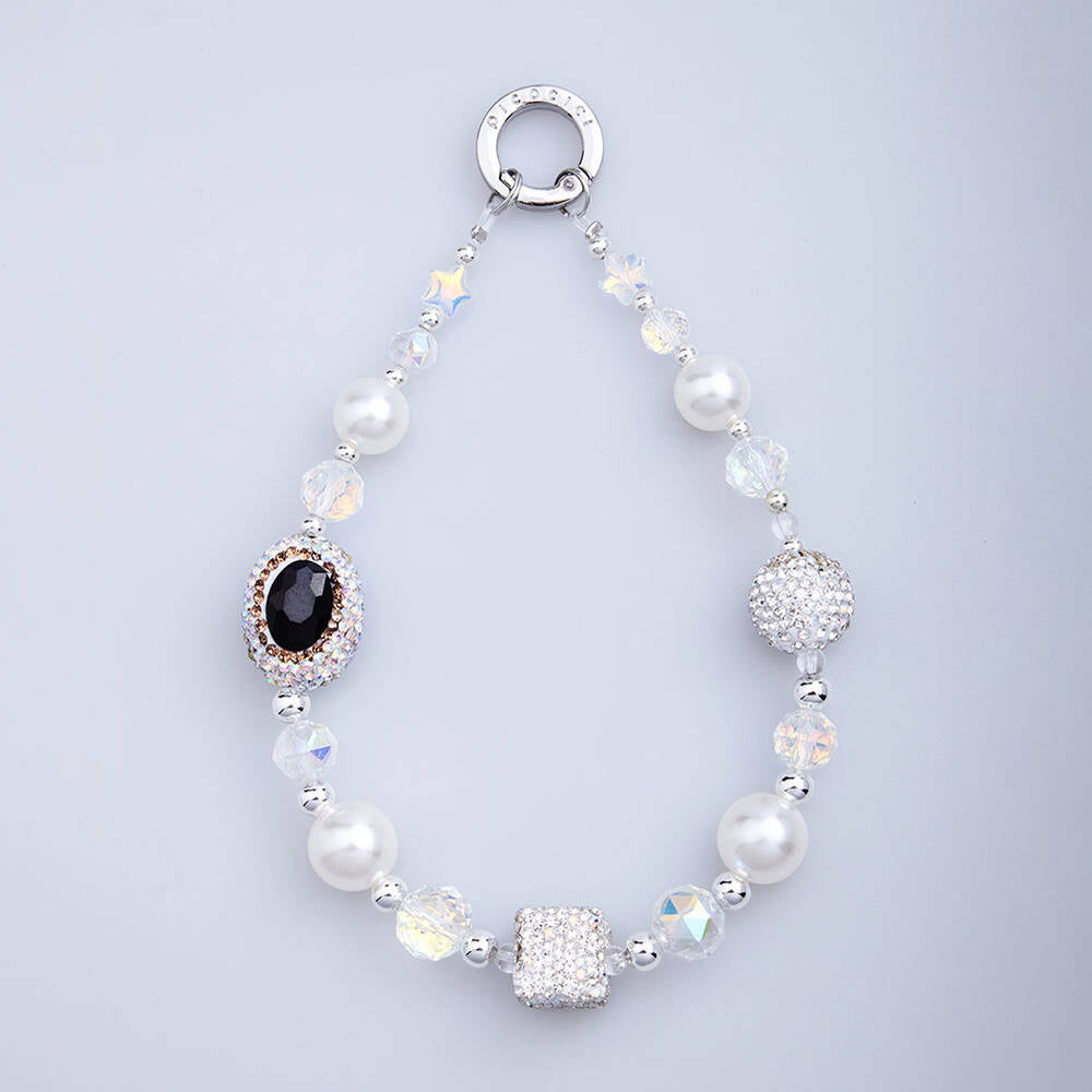 Picocici Elmas Taş Tasarımlı Oval Pearl Telefon Bilek Askı İpi Siyah