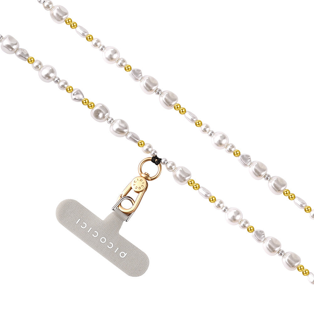Picocici Metal Pearl Telefon Boyun Askı İpi 1.2 Metre Beyaz-Gold