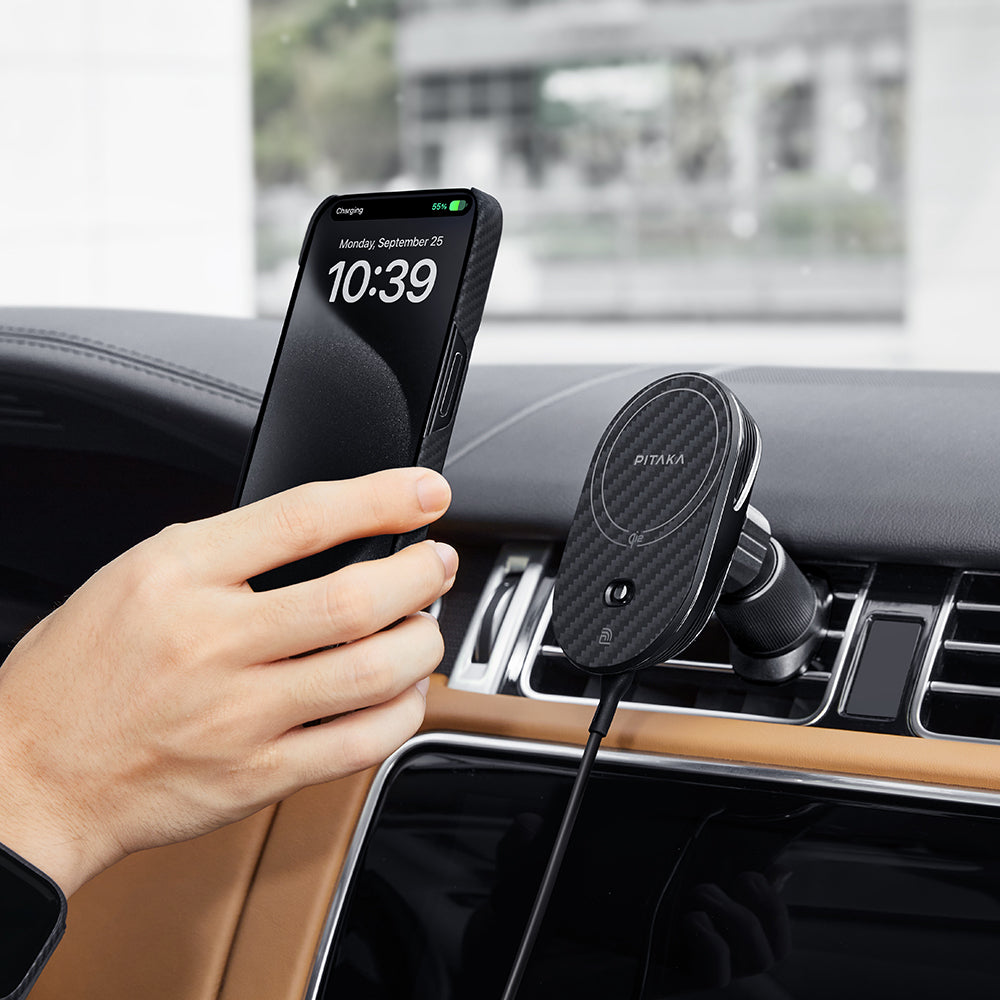 Pitaka MagEZ Pro 2 M-safe Şarj Özellikli Qi2 Aramid Fiber Araç Telefon Tutucu Siyah