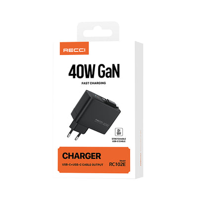 Recci RC102E GaN Teknolojili Hızlı Şarj Başlığı USB-A to Type-C PD 40W Type-C Kablolu Şarj Seti Siyah