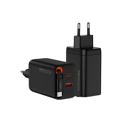 Recci RC103E GaN Teknolojili Hızlı Şarj Başlığı USB-A to Type-C PD 67W Type-C Kablolu Şarj Seti