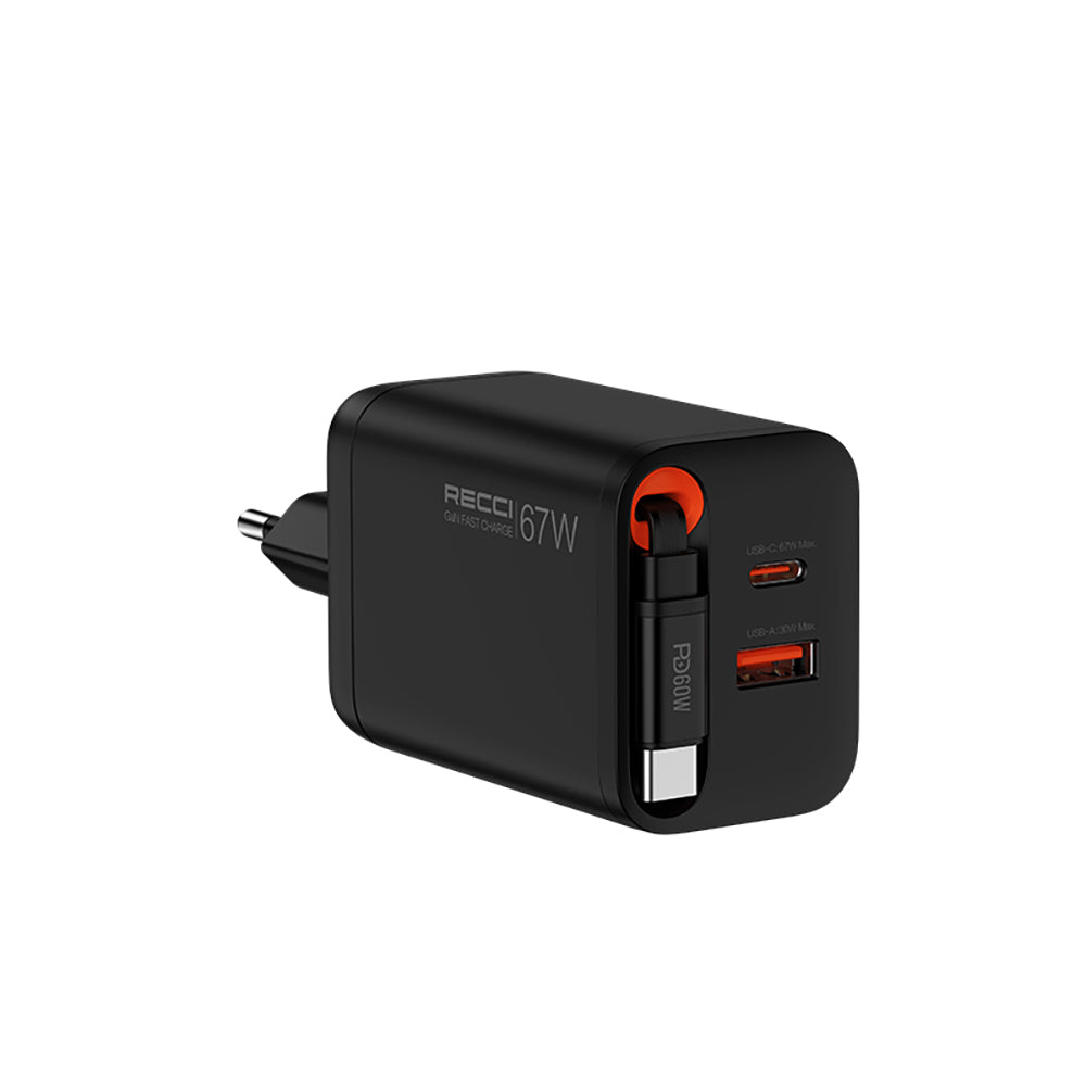 Recci RC103E GaN Teknolojili Hızlı Şarj Başlığı USB-A to Type-C PD 67W Type-C Kablolu Şarj Seti Siyah