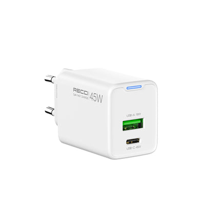 Recci RC108E GaN Teknolojili Hızlı Şarj Başlığı Type-C to Type-C PD 45W Kablolu Şarj Seti Beyaz