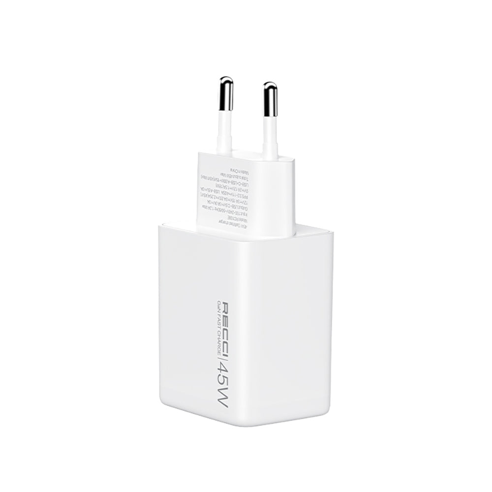 Recci RC108E GaN Teknolojili Hızlı Şarj Başlığı Type-C to Type-C PD 45W Kablolu Şarj Seti Beyaz