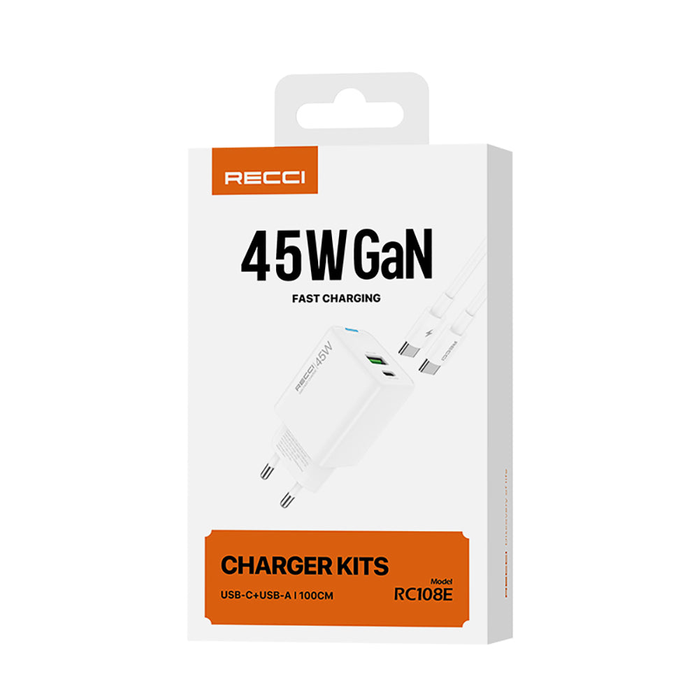 Recci RC108E GaN Teknolojili Hızlı Şarj Başlığı Type-C to Type-C PD 45W Kablolu Şarj Seti