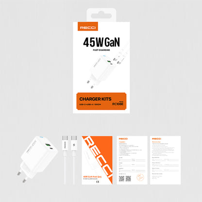 Recci RC108E GaN Teknolojili Hızlı Şarj Başlığı Type-C to Type-C PD 45W Kablolu Şarj Seti