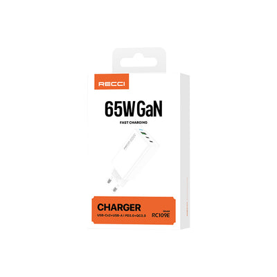 Recci RC109E Type-C PD & USB-A GaN Teknolojili Hızlı Şarj Başlığı 65W Beyaz