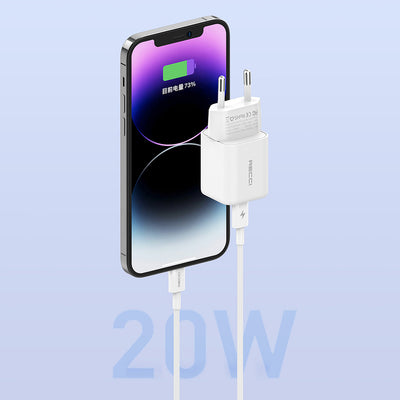 Recci RC65E Hızlı Şarj Başlığı Type-C to Lightning PD 20W Kablolu Şarj Seti Beyaz