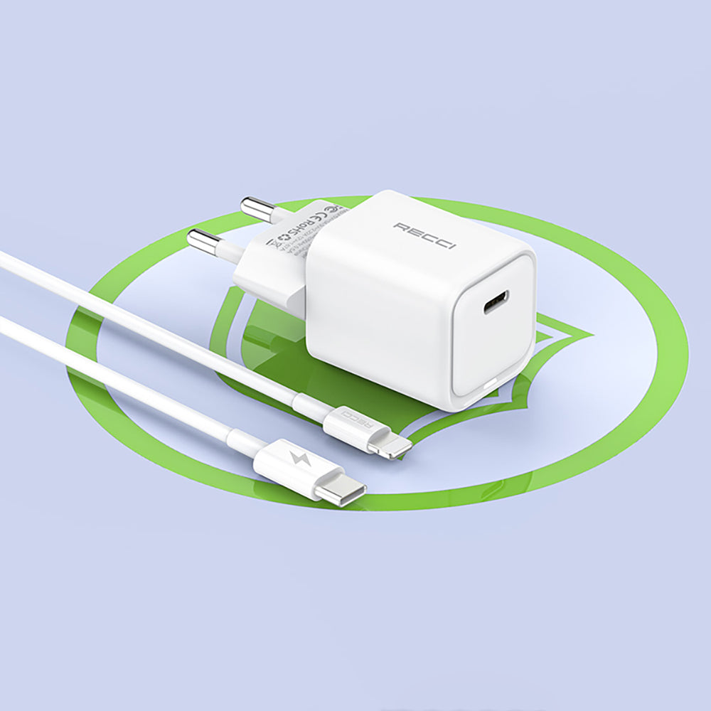 Recci RC65E Hızlı Şarj Başlığı Type-C to Lightning PD 20W Kablolu Şarj Seti Beyaz