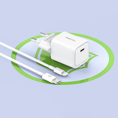 Recci RC65E Hızlı Şarj Başlığı Type-C to Lightning PD 20W Kablolu Şarj Seti Beyaz