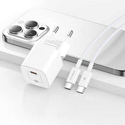 Recci RC77E GaN Teknolojili Hızlı Şarj Başlığı Type-C to Type-C PD 30W Kablolu Şarj Seti Beyaz