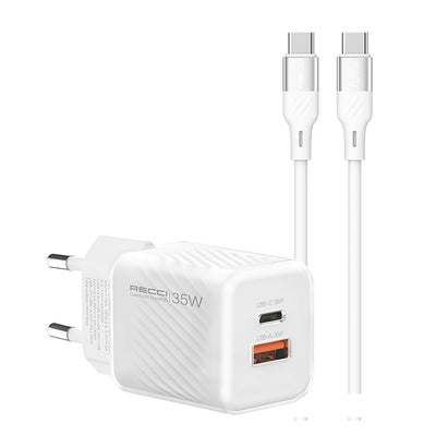 Recci RC83ECC GaN Teknolojili Hızlı Şarj Başlığı USB-A to Type-C PD 35W Kablolu Şarj Seti Beyaz