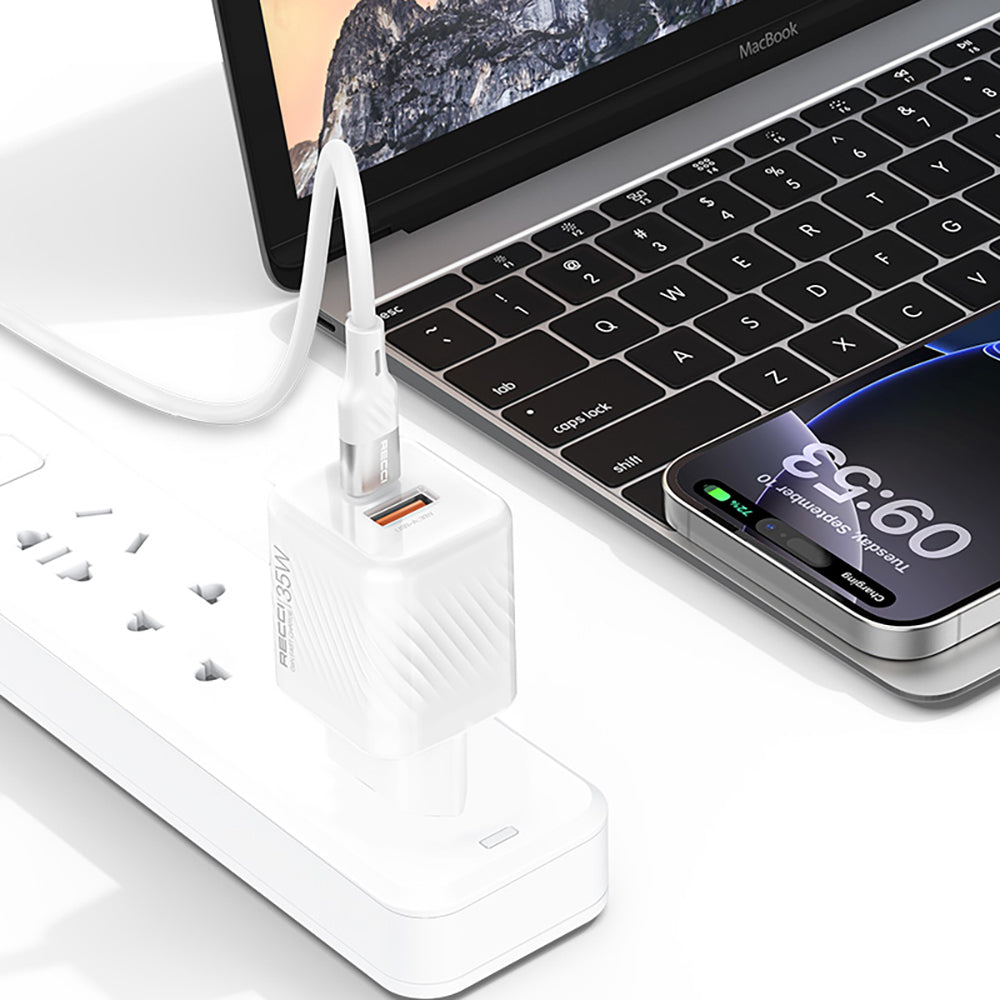 Recci RC83ECC GaN Teknolojili Hızlı Şarj Başlığı USB-A to Type-C PD 35W Kablolu Şarj Seti Beyaz