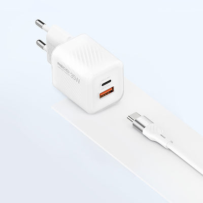 Recci RC83ECC GaN Teknolojili Hızlı Şarj Başlığı USB-A to Type-C PD 35W Kablolu Şarj Seti Beyaz