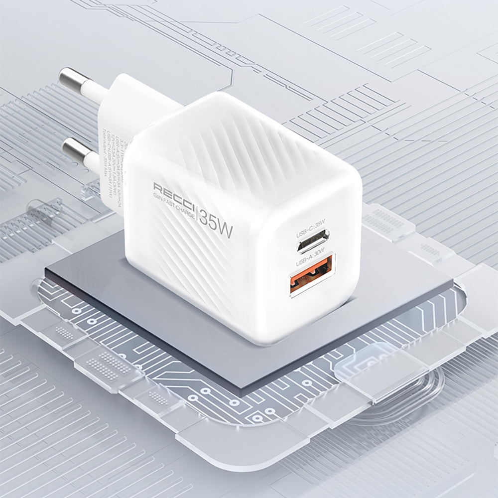 Recci RC83ECC GaN Teknolojili Hızlı Şarj Başlığı USB-A to Type-C PD 35W Kablolu Şarj Seti Beyaz