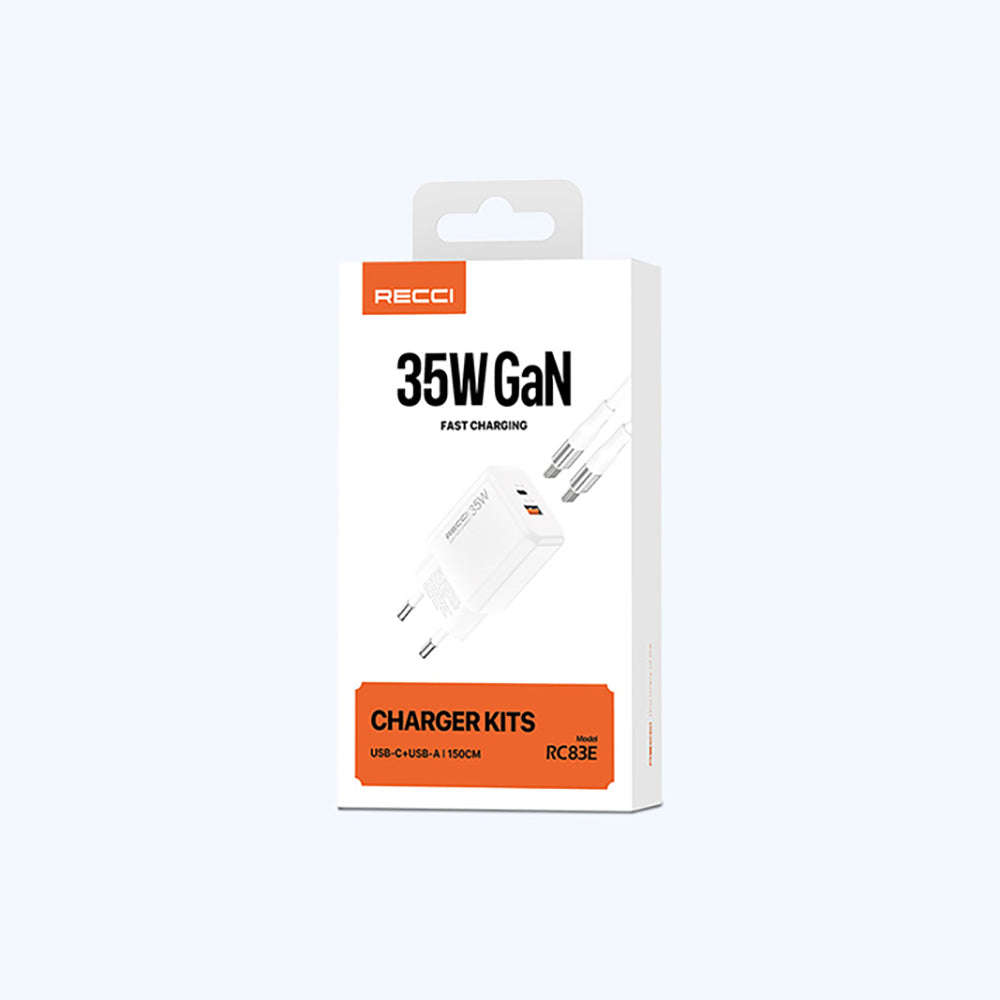 Recci RC83ECC GaN Teknolojili Hızlı Şarj Başlığı USB-A to Type-C PD 35W Kablolu Şarj Seti Beyaz