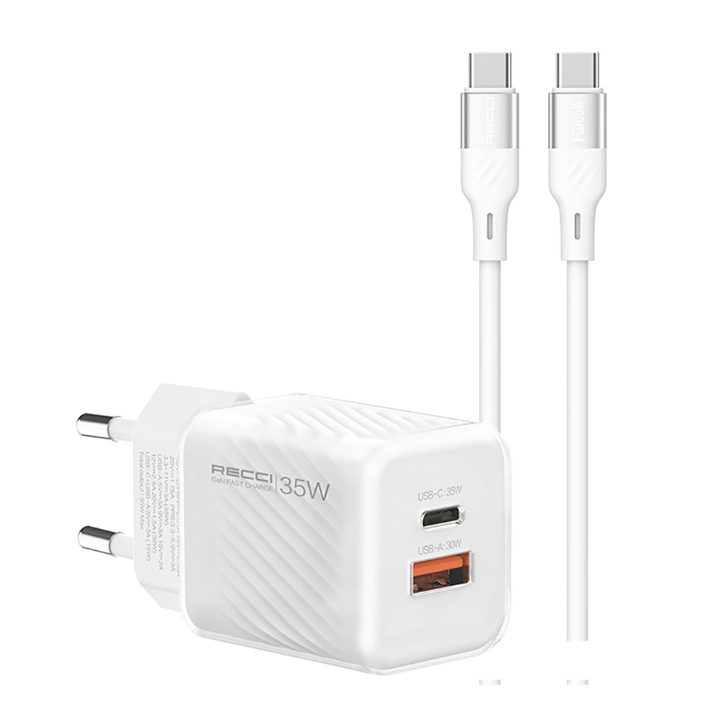 Recci RC83ECC GaN Teknolojili Hızlı Şarj Başlığı USB-A to Type-C PD 35W Kablolu Şarj Seti Beyaz