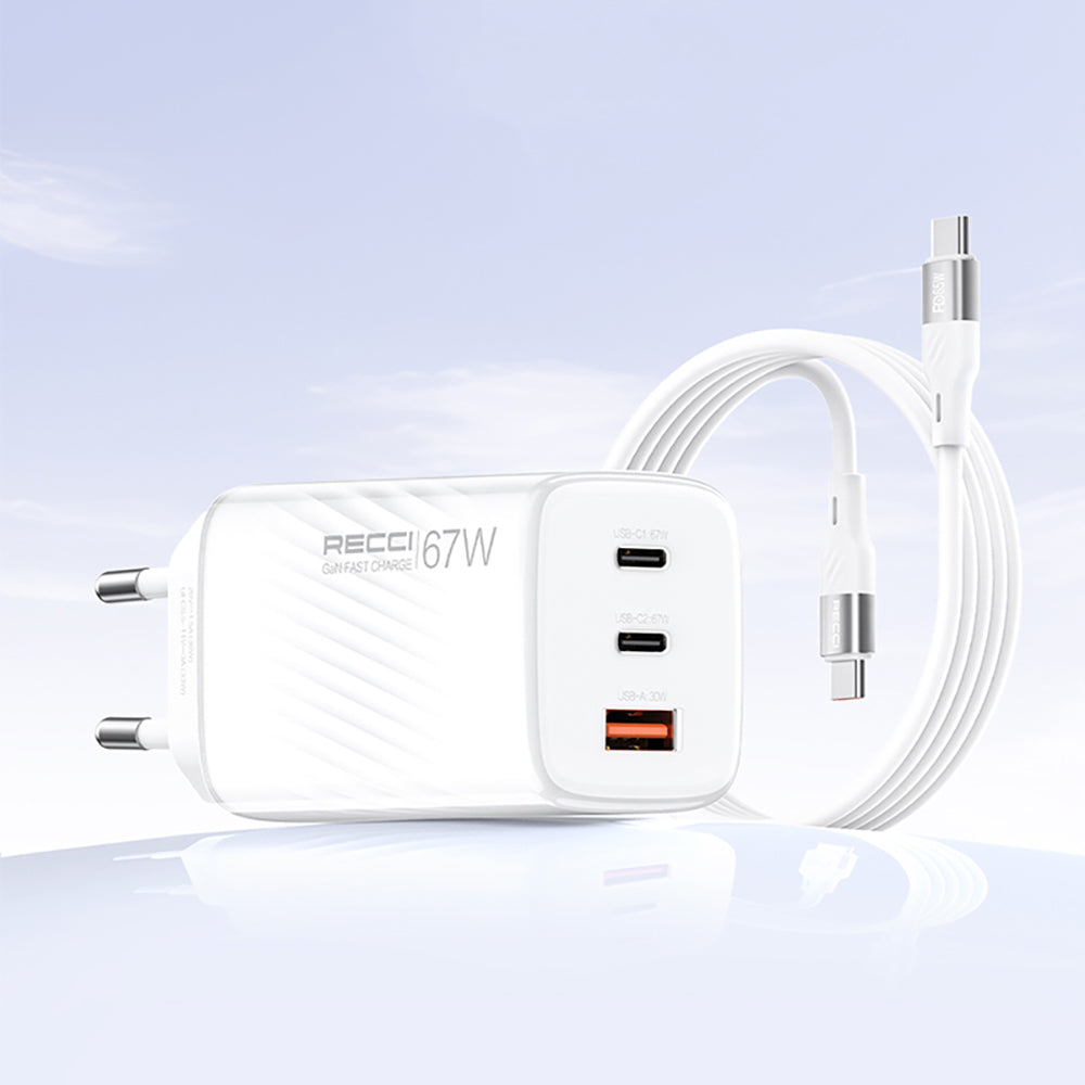 Recci RC85E GaN Teknolojili Hızlı Şarj Başlığı USB-A to Type-C PD 67W Kablolu Şarj Seti