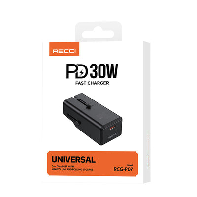 Recci RCG-P07 Çoklu Universal US/UK/EU/AU Uyumlu Şarj Adaptörü 30W Siyah