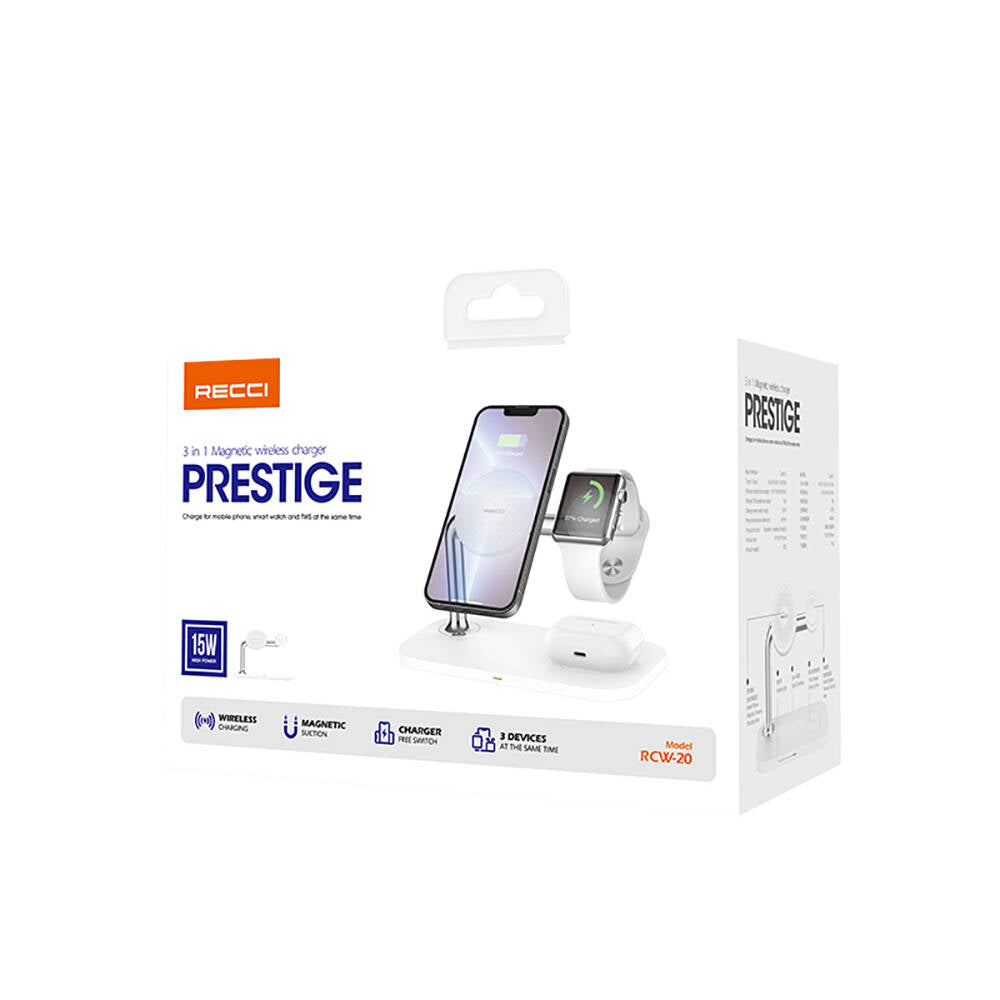 Recci RCW-20 Prestige Serisi 3in1 Magsafe 15W Hızlı Şarj Özellikli Magnetik Kablosuz Şarj Standı Beyaz