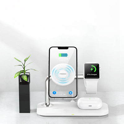 Recci RCW-20 Prestige Serisi 3in1 Magsafe 15W Hızlı Şarj Özellikli Magnetik Kablosuz Şarj Standı Beyaz