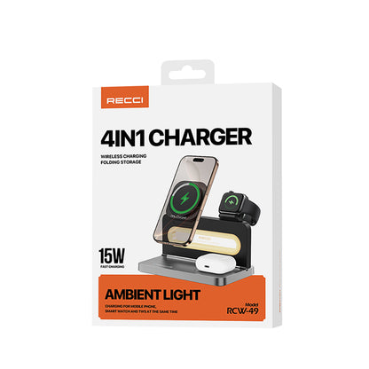 Recci RCW-49 Ambiyans Işıklı Telefon&Akıllı Saat&Kulaklık 15W 4in1 Kablosuz Şarj Standı