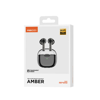 Recci REP-W50 Şeffaf Tasarım Hi-Fi Ses Kaliteli Bluetooth v5.3 Amber Serisi Kulak İçi Kulaklık Turuncu