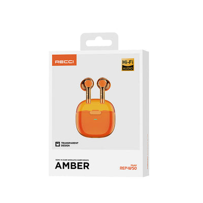 Recci REP-W50 Şeffaf Tasarım Hi-Fi Ses Kaliteli Bluetooth v5.3 Amber Serisi Kulak İçi Kulaklık Turuncu