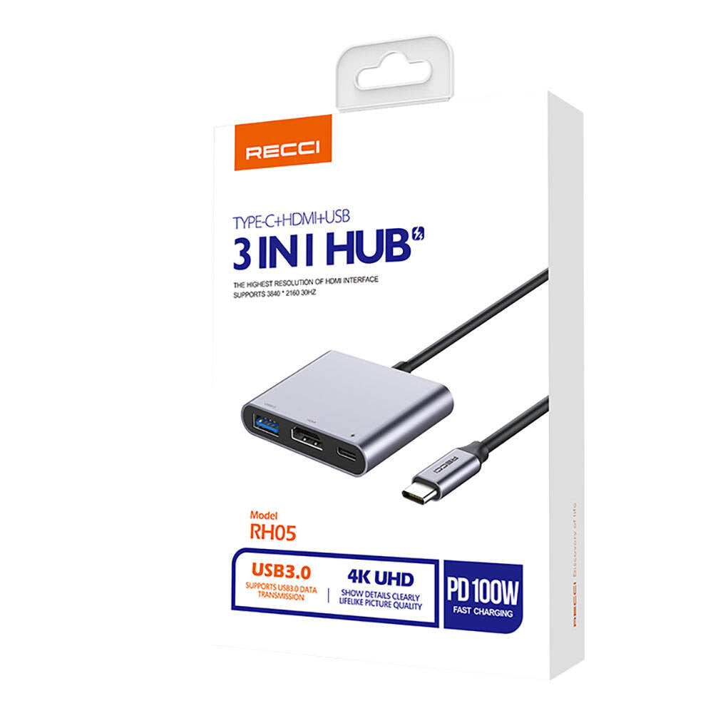 Recci RH05 Type-C to Type-C PD100W + HDMI 4K@30Hz + USB3.0 Bağlantı Özellikli 3in1 Hub