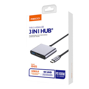 Recci RH05 Type-C to Type-C PD100W + HDMI 4K@30Hz + USB3.0 Bağlantı Özellikli 3in1 Hub